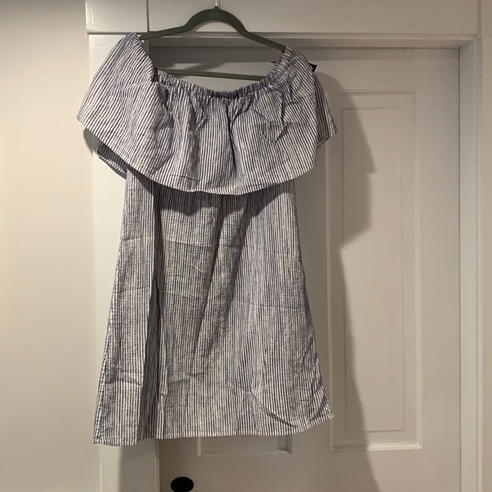 J Crew blue and white striped off shoulder dress